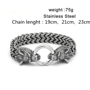 Mens Fashion Vintage Stainless Steel Viking Wolf Head Bracelet